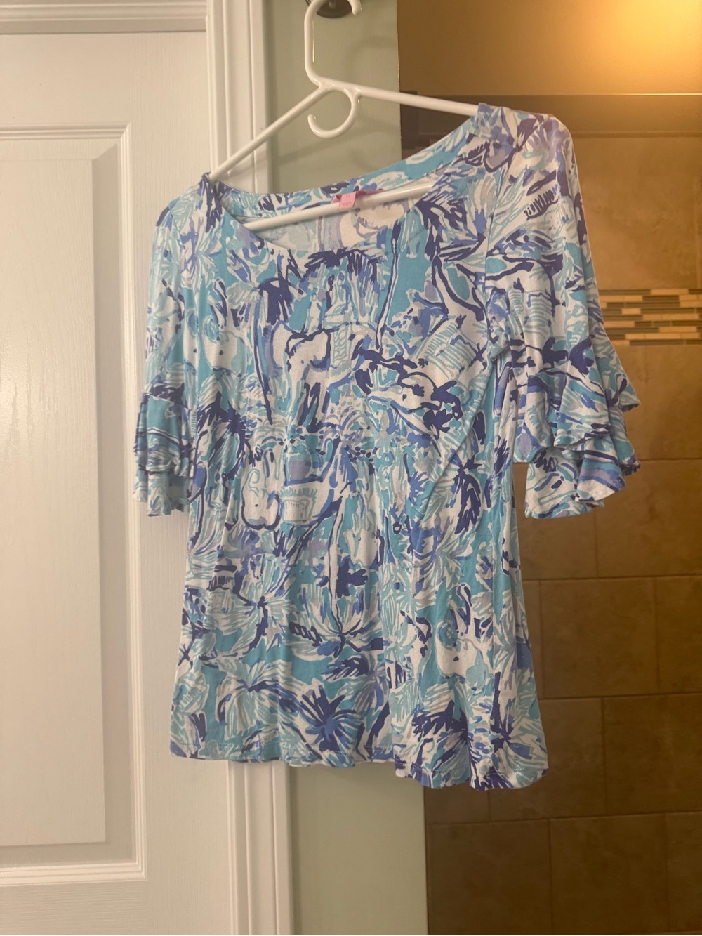 Lilly Pulitzer Blue & White Floral Ruffle-Sleeve Top